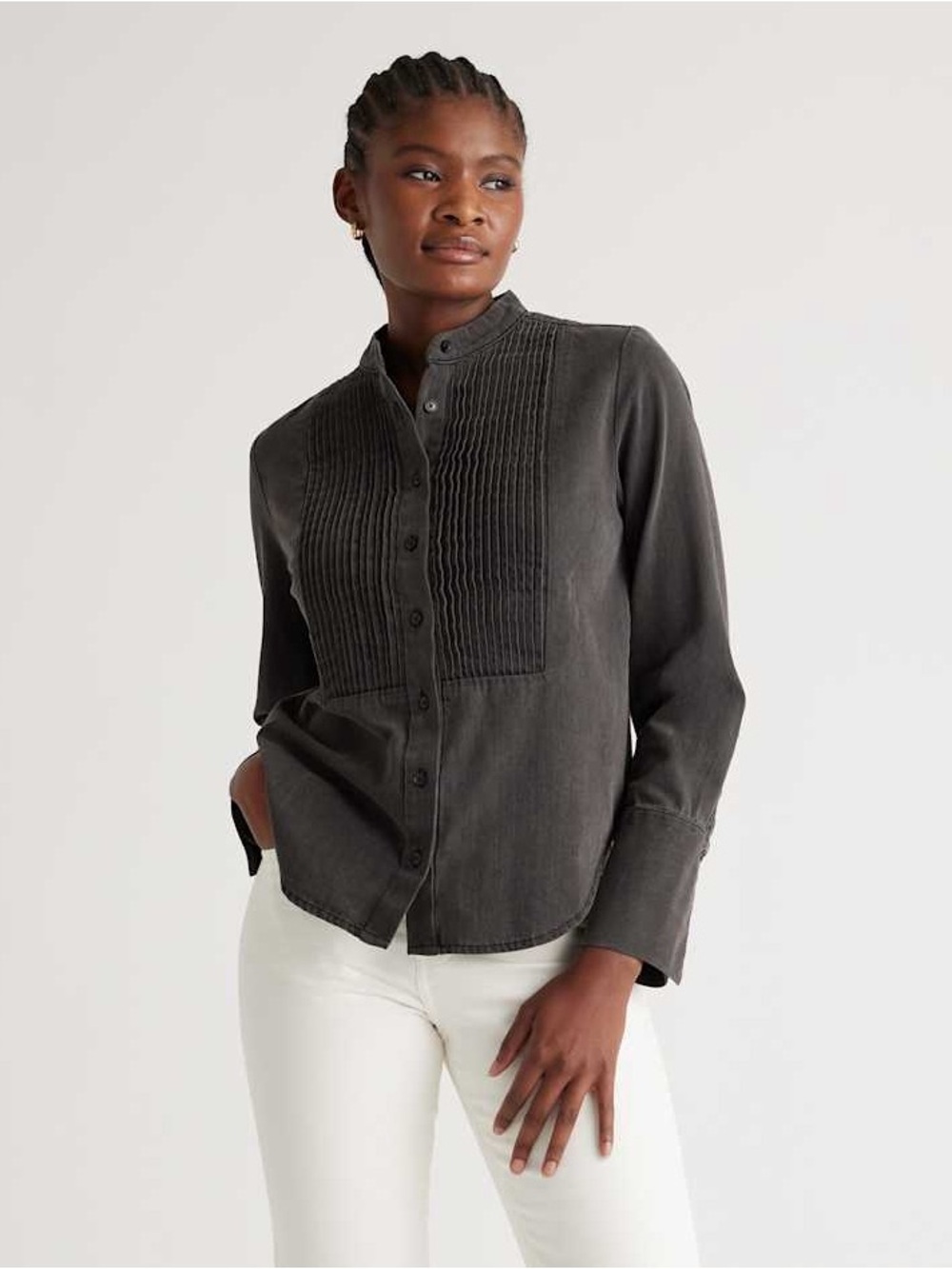 Quince Black Wash Denim Pintuck Cotton Shirt Size M